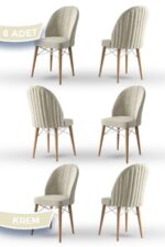 Canisa Jena Serisi 6 Adet Krem Yemek Odası Sandalyesi Babyface Kumaş Doğal Ahşap Ayak Beyaz Kafes - Görsel 2